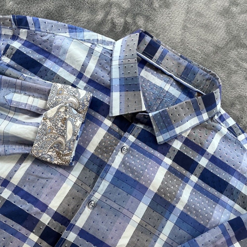 Tasso Elba Mens XXL Blue Plaid Dobby Cotton Button Down Shirt Paisley Cuffs SP17